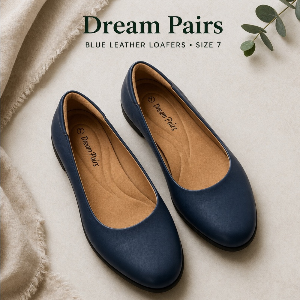 Dream Pairs Blue Leather Loafers Size 7 Comfort Flats Slip On Casual Work Shoes